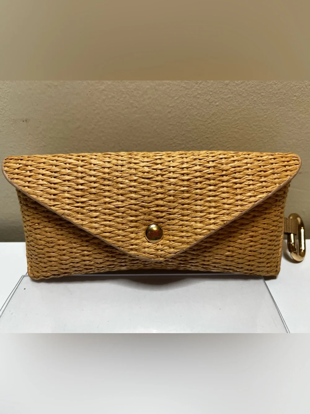 Rattan-Like Woven Sunglasses Case with Goldtone Snap Closure & Clip